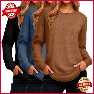 Long Sleeve Cotton Tunic Top Casual Loose Fit Pullover Sweatshirt Curved Hem